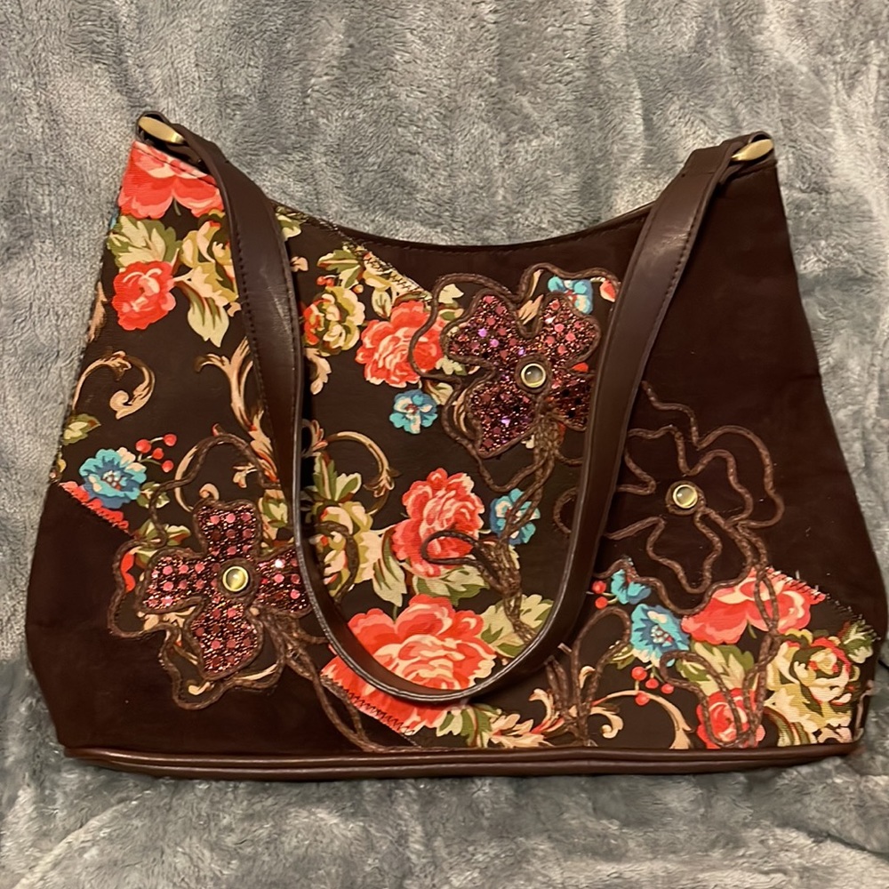 New Bueno purse, handbag. Brown with floral front